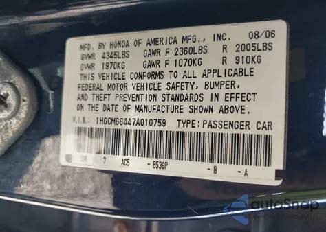 2007 Honda Accord 3.0 Se z USA, uszkodzony, nr VIN 1HGCM66447A010759